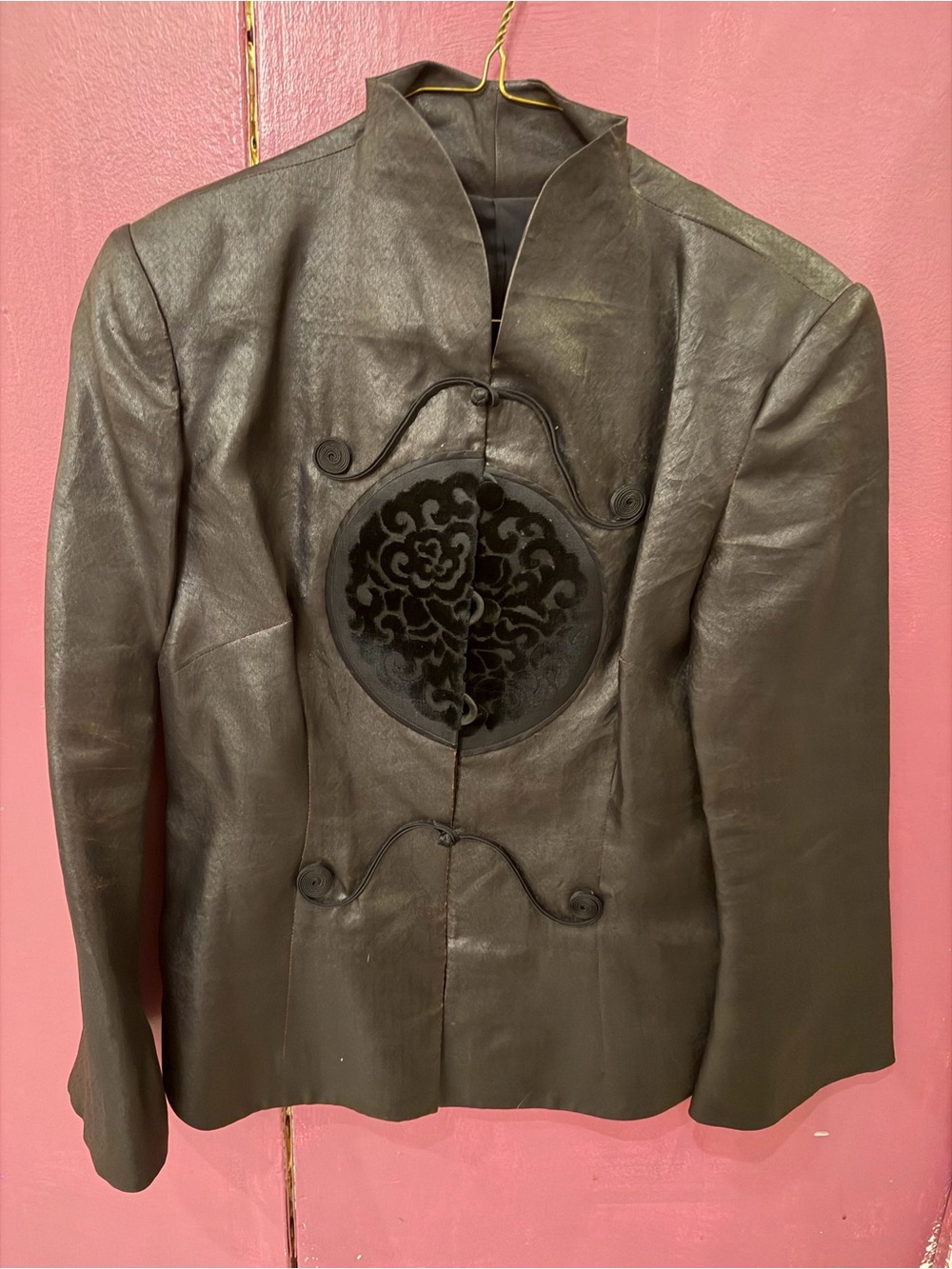 Black Faux Leather Mandarin-Style Women's Jacket with Embroidered Medallion